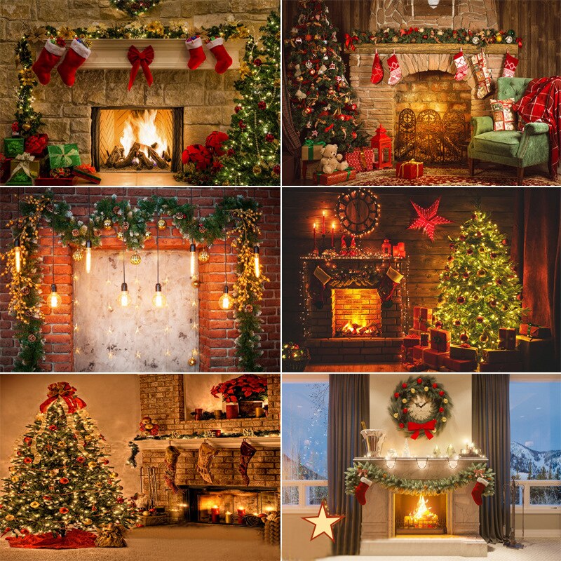 1Pc 3D árbol de Navidad y chimenea fotografía de fondo Cadena de luz de pared telones de fondo
