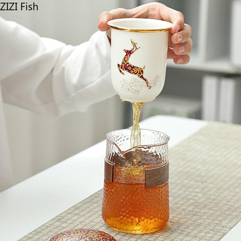 Portable Ceramic Kung Fu Tea Set One Pot and Three Cups Glass Travel Tea Set Japanese-style Hand Painted Home Tea Set Supplies