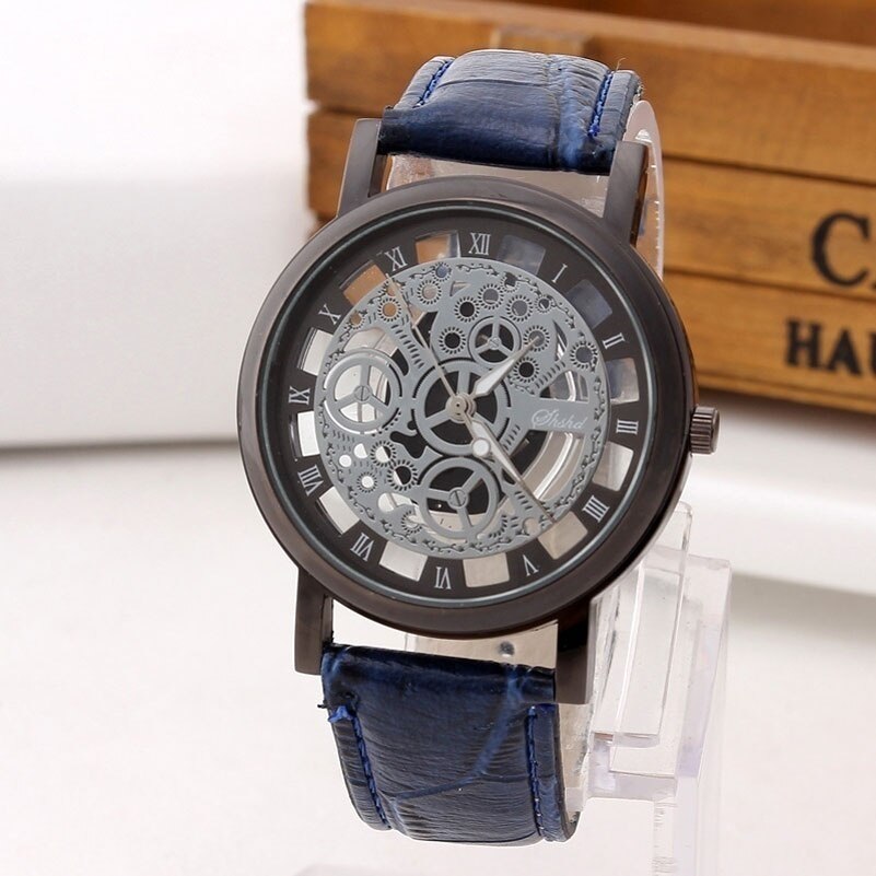 Business Skeleton Horloge Mannen Gravure Holle Reloj Hombre Jurk Quartz Horloge Lederen Band Vrouwen Klok