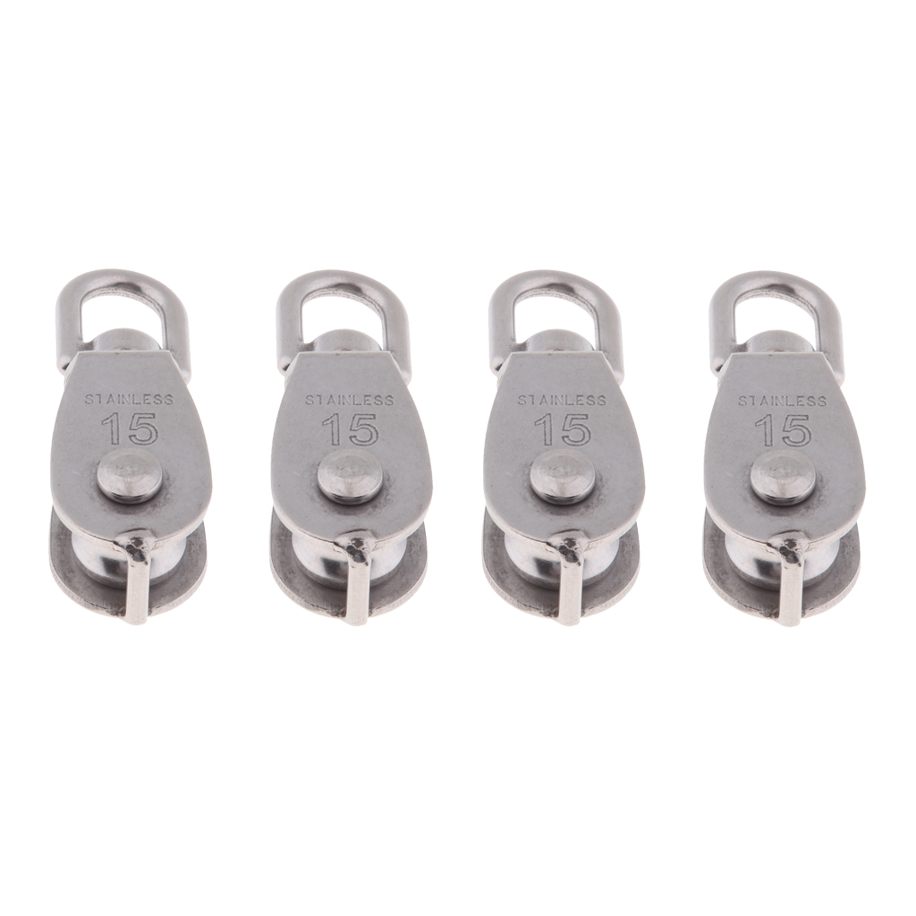 4Pcs 15mm Single Pulley Block Rope Rigging Marine Stainless Steel Swivel Eye