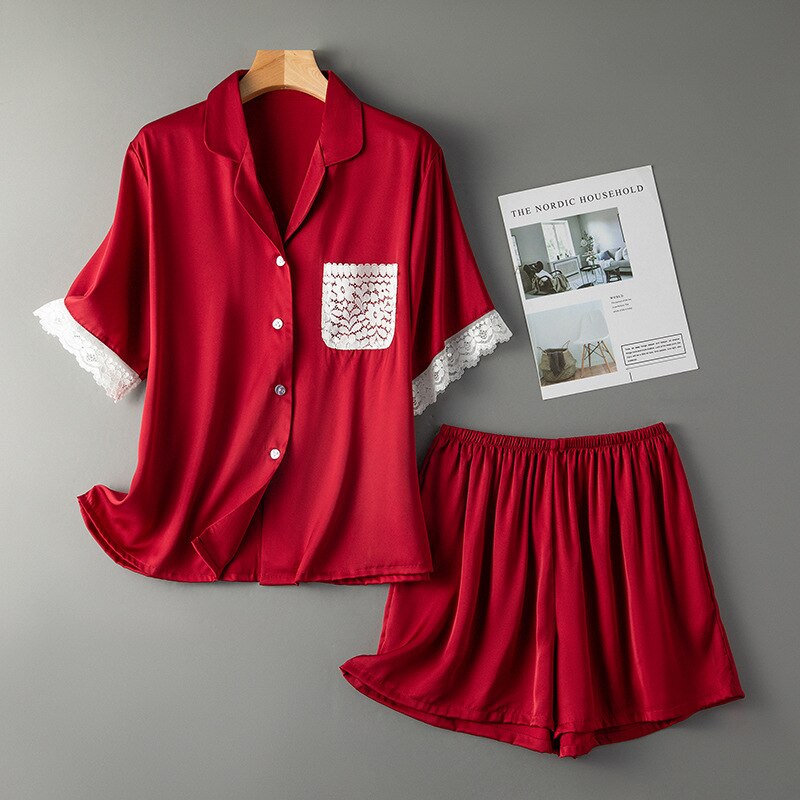 Pyjama d'été en dentelle et soie glacée pour femmes, ensemble à manches courtes,: Wine / XL