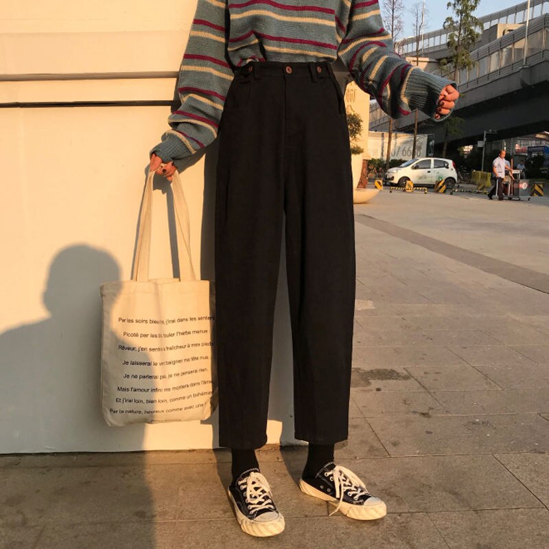 Jean femme grande taille solide taille haute Ulzzang Harajuku Style coréen Vintage a la femmes pantalon poches Simple Chic: black / L