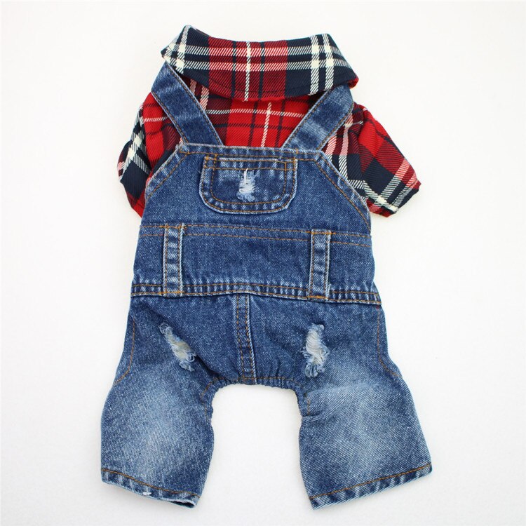 Teddy bichon hund firbenet stort plaid denim jumpsuit kæledyrstøj forår og efterår vintertøj
