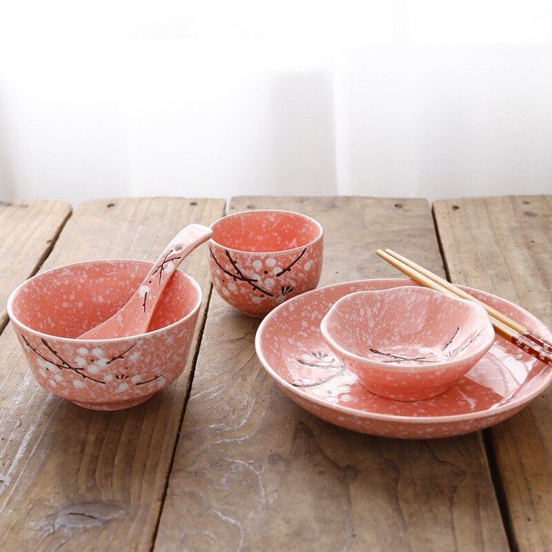 6-Piece Set Japanese Rice Bowl Dishes, Chopsticks, Spoon Ceramic Tableware Household Single Food: GRAY