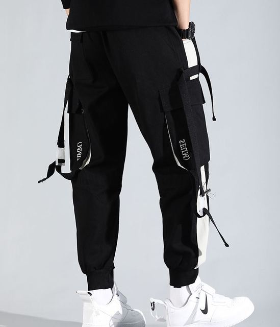 Pantalones bombachos para hombre, pantalón de chándal con cintas y múltiples bolsillos, de cintura elástica, informal, Color negro