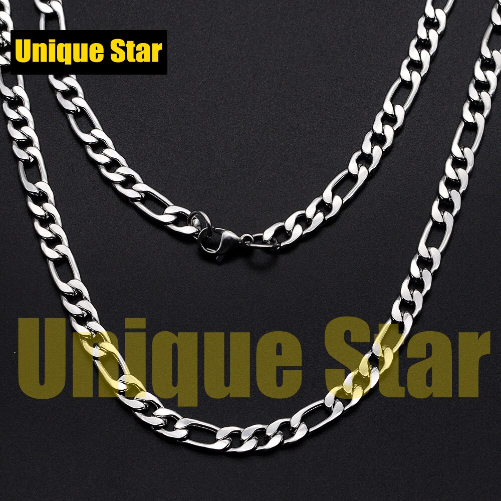 3pcs/lot 7mm 100% Stainless Steel Figaro Hip Hop Chain Necklace for Men Gold Rainbow Jewelry Chains: Steel / 51cm-20inch