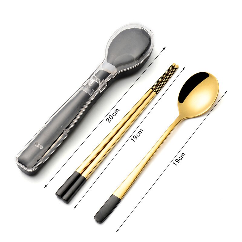 304 Stainless Steel Chopsticks Spoon fork Set Cutlery Set Flatware Set Tableware Soup Spoon Portable Cultery With Box: Black gold-2PCS