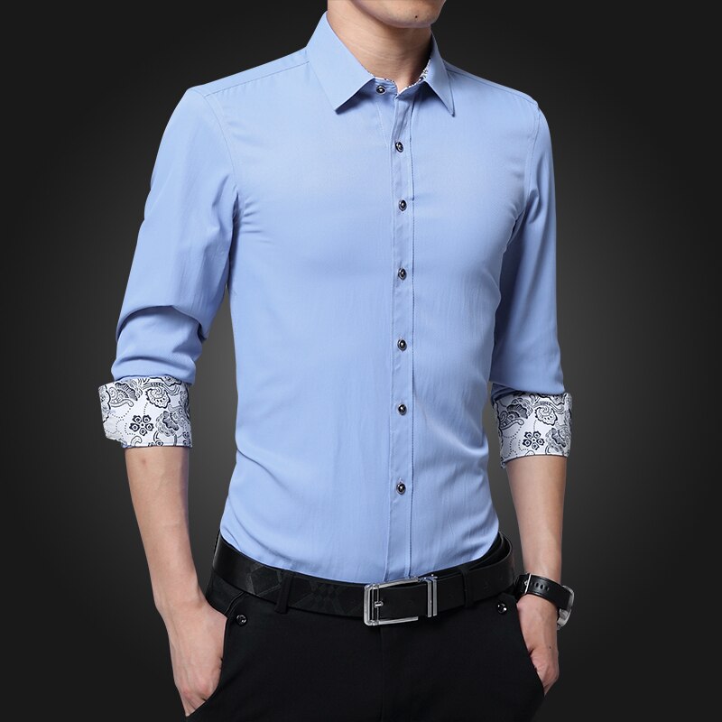 Men&#39;s Luxury Cuff Flower Printed Shirt Regular-fit Wedding Long Sleeve White Pink Tuxedo Shirts 4XL 5XL: light blue / 5XL 92kg-100kg