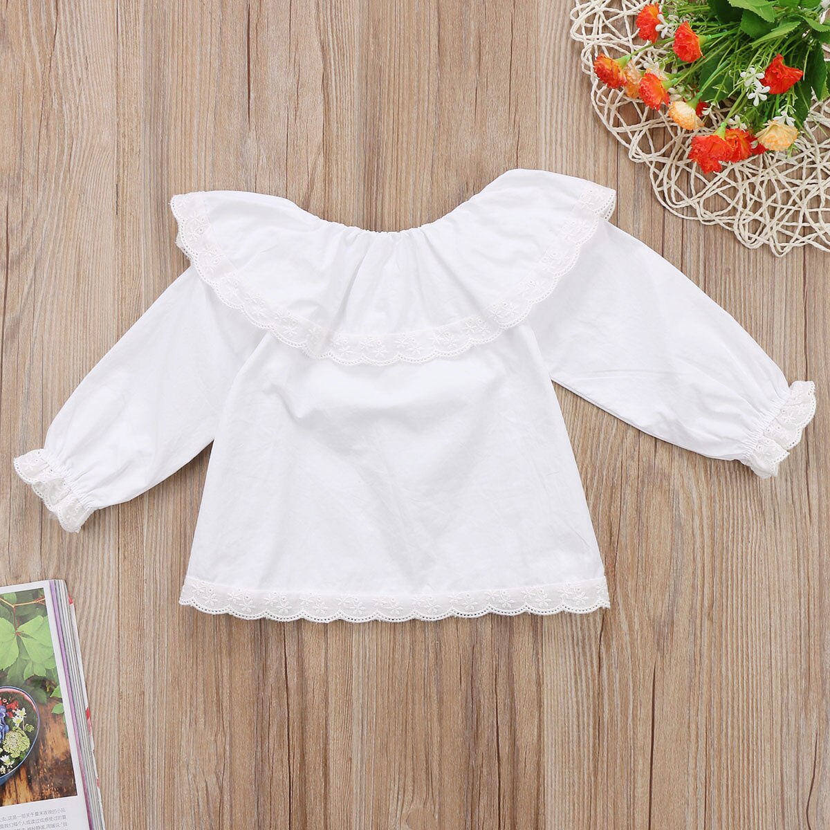 Pretty baby girls clothes long sleeves infant newborn baby girls white off shoulder lace T shirt princess girl clothes