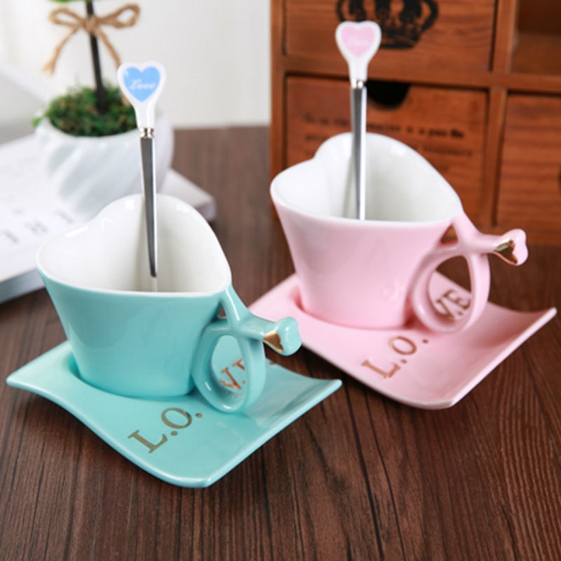 LOVE Heart Shape Lover Coffee Mug Ceramic Milk Mug with Plate Couple's Morning Tea Cup Office Water Cup for Girls