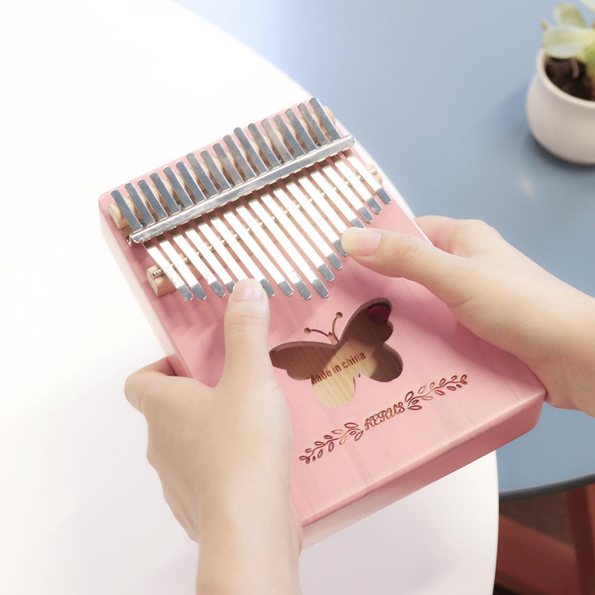 17 Key Kalimba Pink Solid Pine Wood Butterfly Sound Hole Thumb Piano Mbira Mini Keyboard Instrument for Beginner