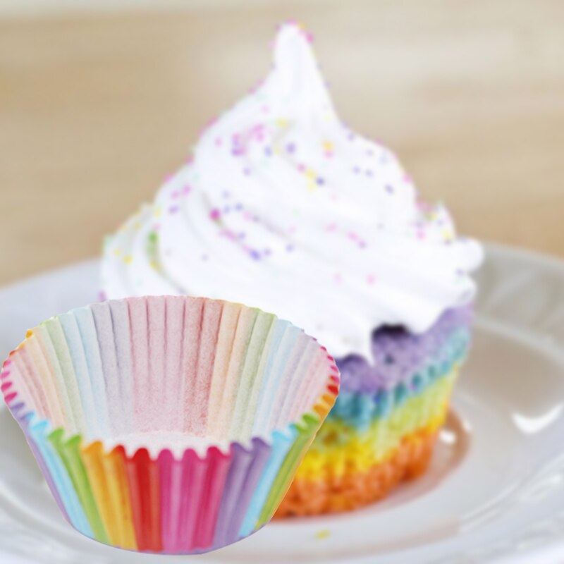100 stuks kleurrijke regenboog papieren cake cupcakevormpjes bakvorm muffindoos vormpjes feestschaal cakevorm decoratiegereedschap 11