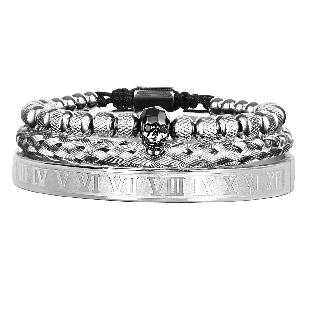 Conjunto de 3 unids/set de pulseras de acero inoxidable para hombre, Set de 3 unids/set de brazaletes con de Calavera, Oro Negro, esmalte, número romano, joyería europea para parejas: Silver Black Skull