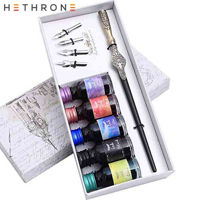 Hethrone Blue Vintage Innovation Handmade Wood carving Dip Pen Writing Caligraphy metal Stem Pen ink Dip pen Beginner Set: Default Title