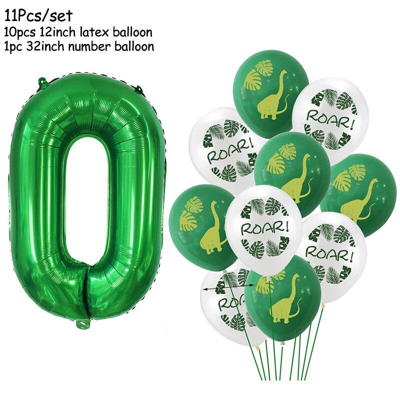 11Pcs Green Foil Number Balloons Dinosaur Latex Balloon Kids Jungle Theme Birthday Safari Forest Party Decorations Baby Shower: Number0 set