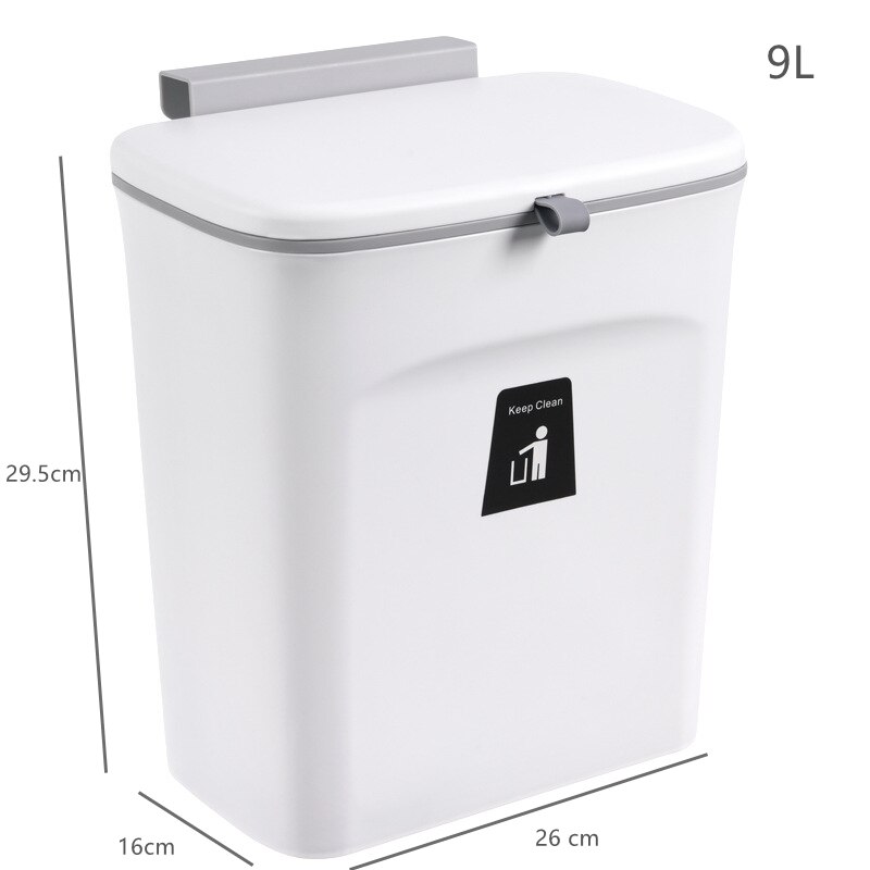Wall Mounted Trash Can Bin With Lid Waste Bin Kitchen Cabinet Door Hanging Trash Bin Garbage Bin Dustbin Rubbish Waste Container: 9L With Lid White