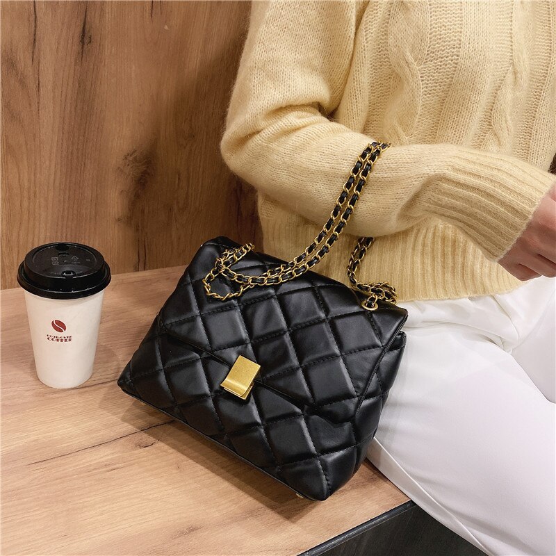 Style Women's Leisure Simple Messenger Bag Women's Single Shoulder Bag Embroidered Line Diamond Lattice Chain Bag