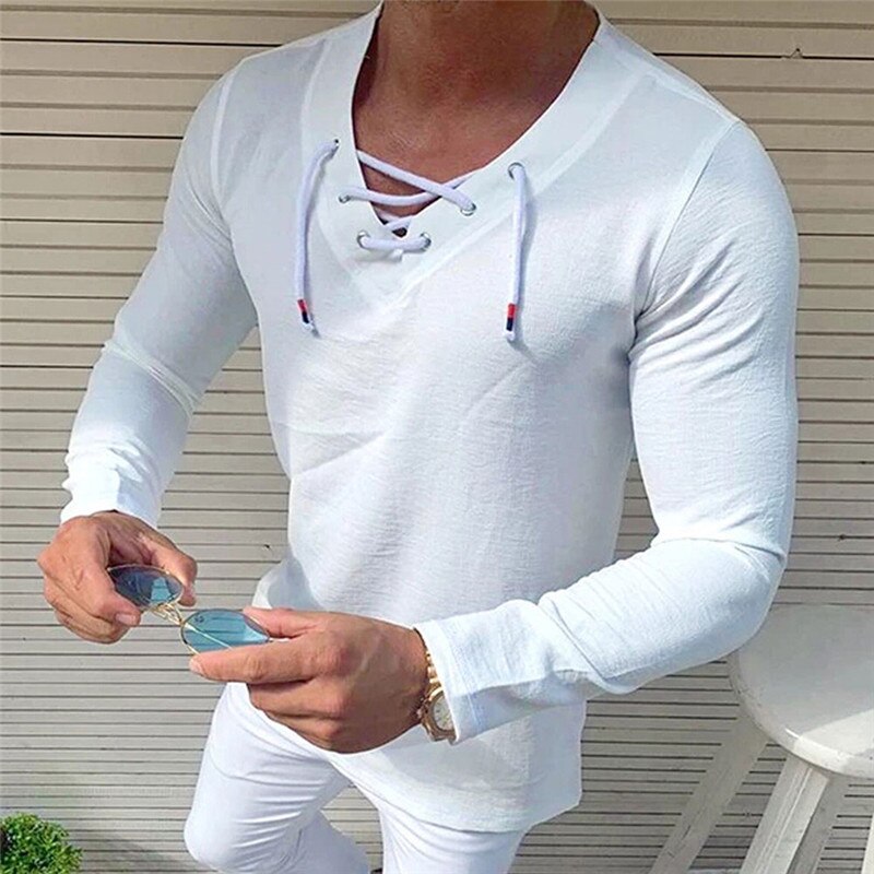 Men Long Sleeve T-shirt, Cross Strap V-neck Simple Solid Color Spring Clothing