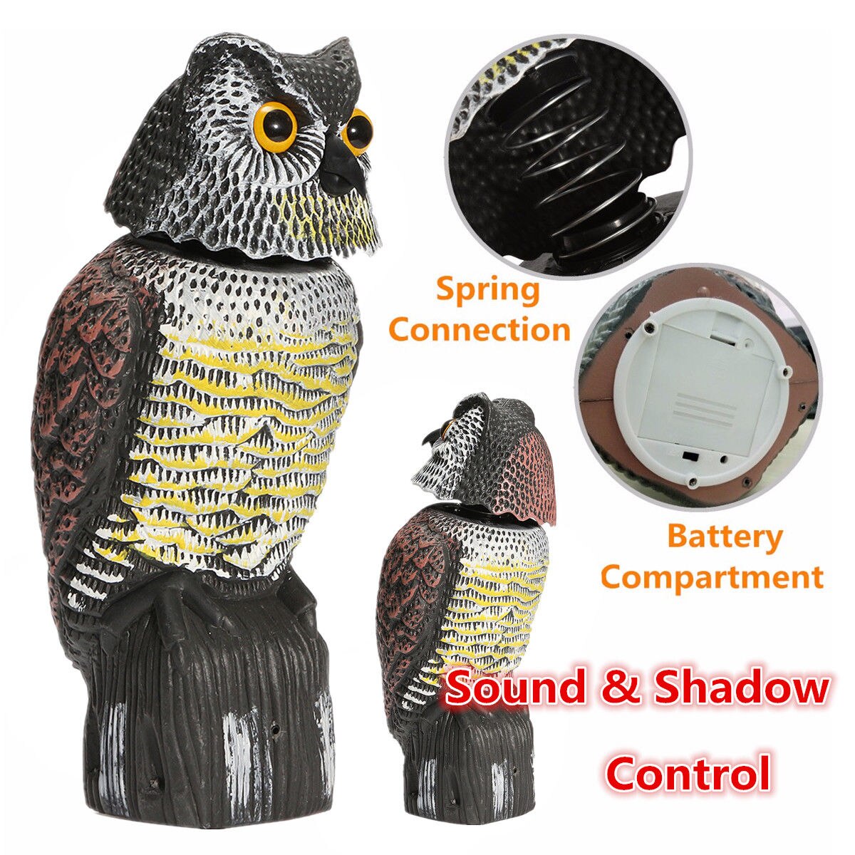 BY Realistic Bird Scarer Rotating Head Sound Owl Prowler Decoy Protection Repellent Pest Control Scarecrow Garden