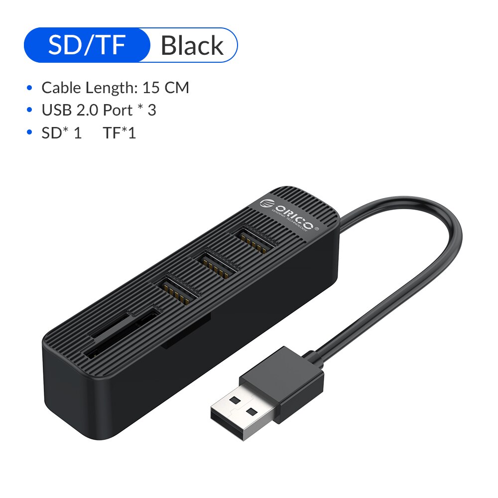 ORICO USB 3.0 Hub 3/6 Port Expander Adapter TF SD Card Reader All In One For PC Computer Accessories: USB2.0 3port BK 15CM