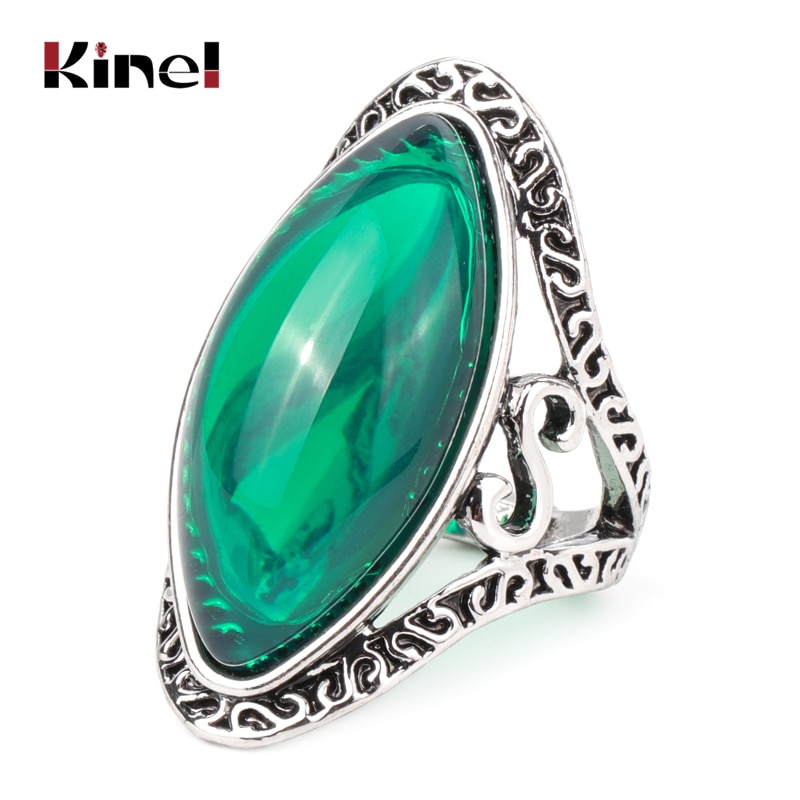 Kinel-Anillos ovalados grandes de plata tibetana para mujer, joyería Vintage, estilo bohemio, para vacaciones en la playa, color verde