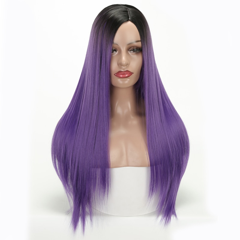 Lisi hår sort ombre lilla grøn paryk lange lige parykker syntetiske parykker til sorte kvinder kemisk fiber paryk 26 tommer