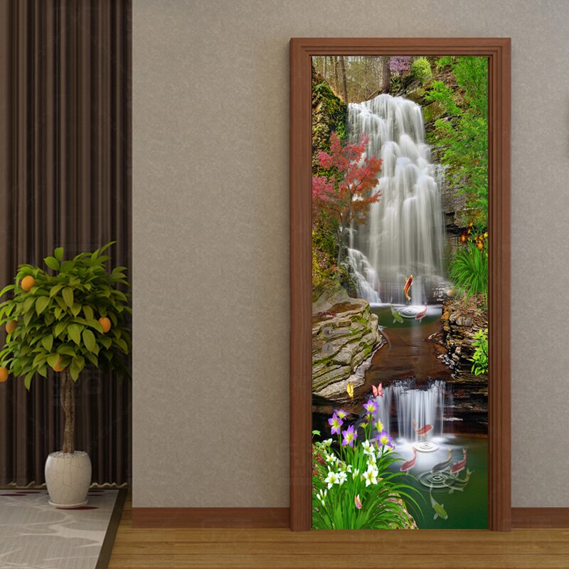Lindo papel de parede 3d com cascata e paisagem, adesivo de porta para sala de estar, cozinha, à prova d'água, mural 3d, decoração de casa, decalque de porta