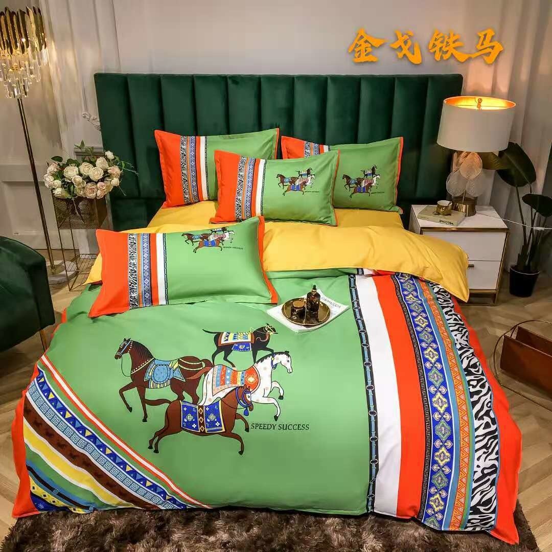4 Stks/set Luxe Plaid Beddengoed Set Beddengoed Katoenen Dekbedovertrek Kussensloop Sprei Op Het Bed Paard Laken Set hoeslaken: C