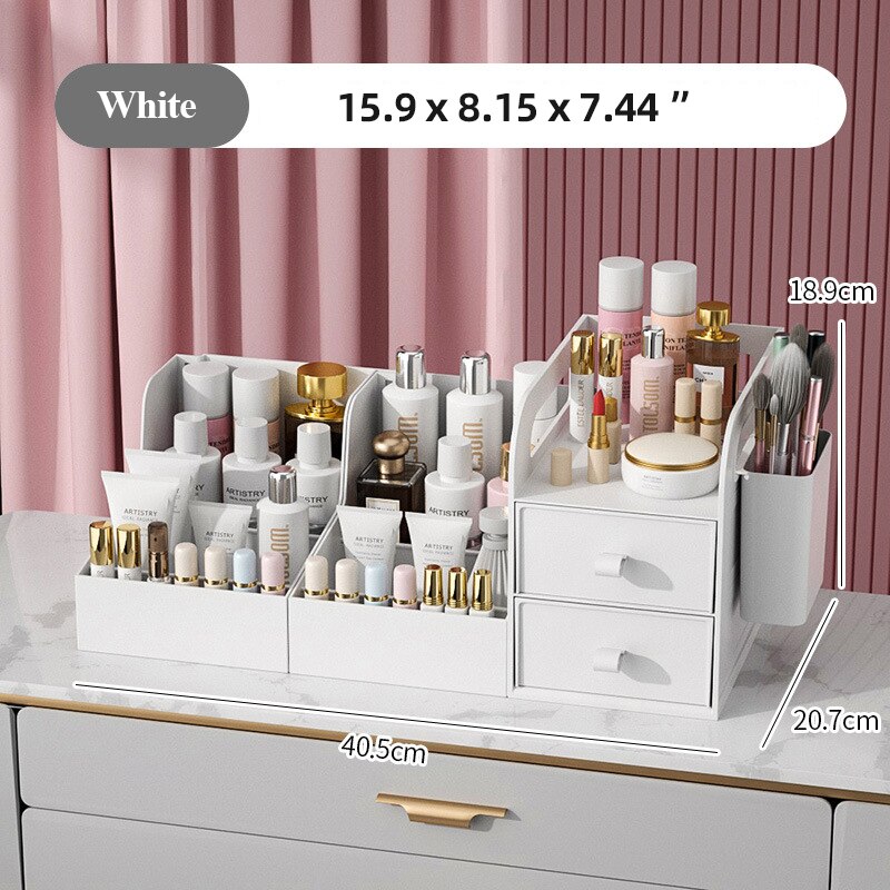Dresser Organizer For Cosmetics Box Plastic Table Facial Makeup Dust-proof Drawer Rack Bathroom Living Room Storage Container: 2 plus 1 White