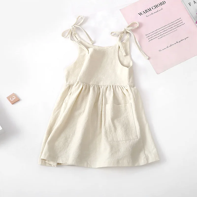 Abito estivo da bambina per bambina Abito da spiaggia per bambini in cotone senza maniche con tasca: Beige / 5