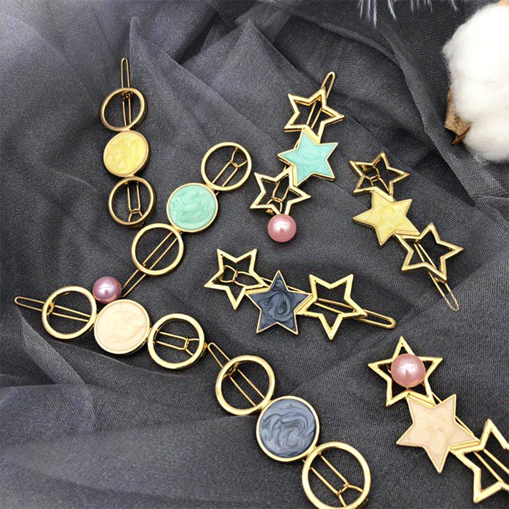 Pinza de pelo con estrella lateral redondo para mujer, horquilla de Metal geométrica, accesorios para el cabello para niña, , 1 Uds.