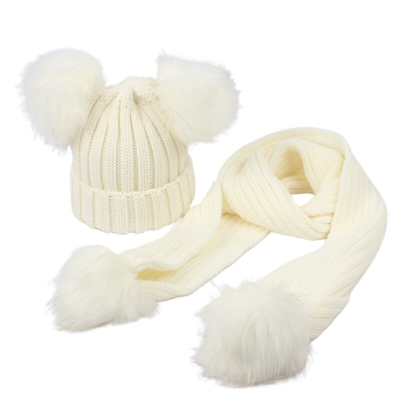 Toddler børn vinter ribbede strikkede beanie hat med lang tørklæde sæt ensfarvet sød dobbelt pom pom ører cuffed kraniet cap 2-8: Hvid