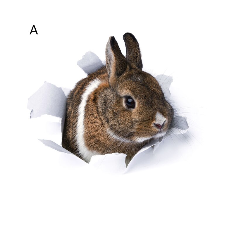 Pegatina de pared de conejo en 3D para baño, calcomanías de decoración del hogar, papel tapiz de animales: A