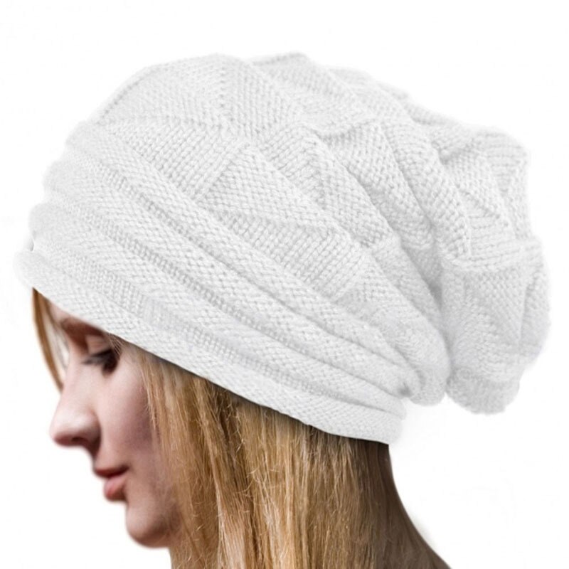 Kvinner hekle strikket stripet oversize posete slouchy lue høst menn lue varm vinter ski dame ullluer: Hvit
