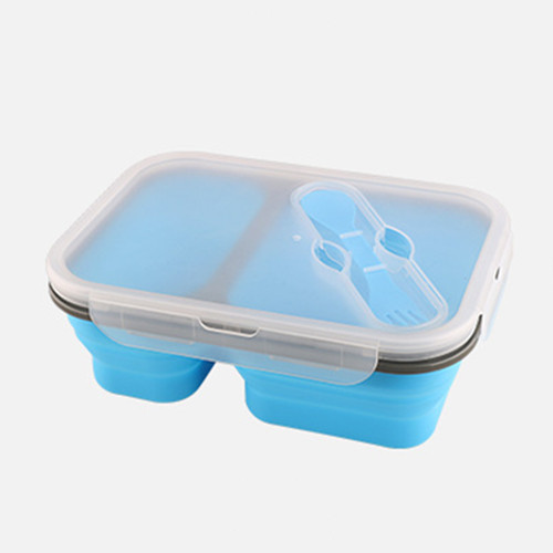 2 Cellen Silicone Inklapbare Draagbare Lunchbox 900Ml Magnetron Kom Vouwen Voedsel Opslag Lunch Container Lunchbox: Blauw