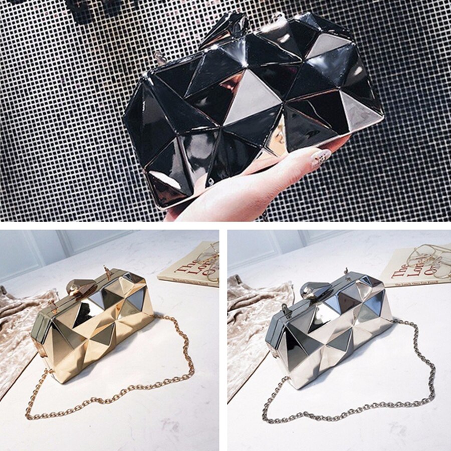 Hexagon Women Handbags Metal Clutches Geometric Mini Party Black Evening Purse Silver Bags Gold Box Clutch