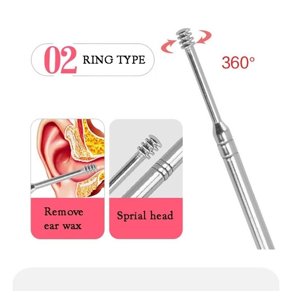 5pcs Wax Remover Spoon Tool Ear Wax Pickers Spiral Head Cleaner Scoop Stainless Steel Circular Ears Care Durable Dig