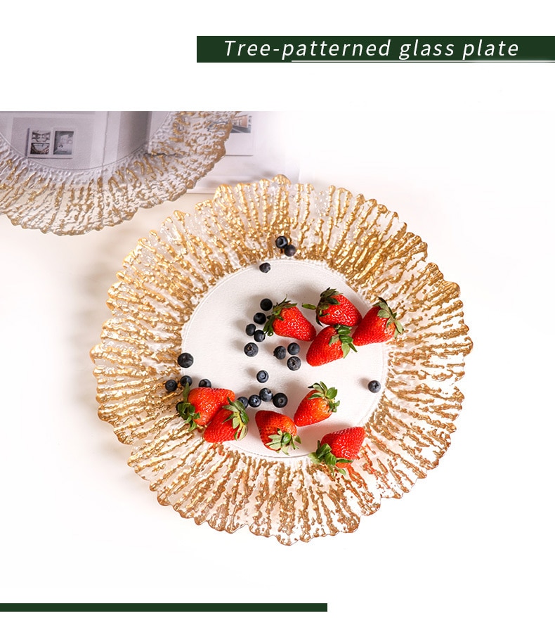 Trädmönster glasbricka fancy oregelbunden hushållsmiddag frukttallrikar blyfritt glas med galvanisering hantverksdekorationer