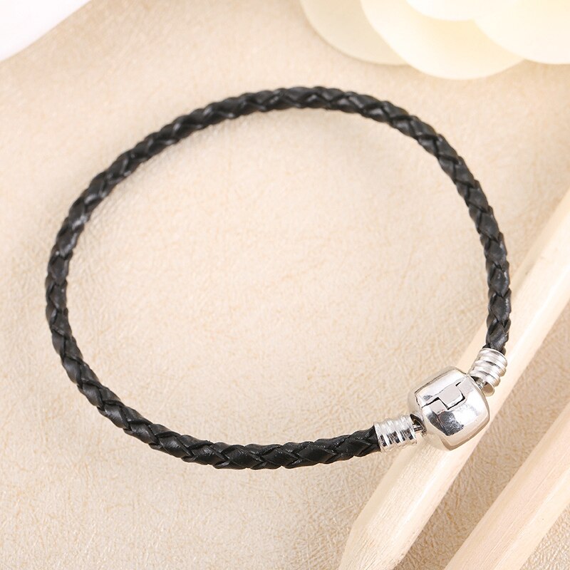 Yanhui 100%  originale 925 solid sølv sort flettet pu læder charme armbånd til kvinder fit diy perler charms smykker  pl01