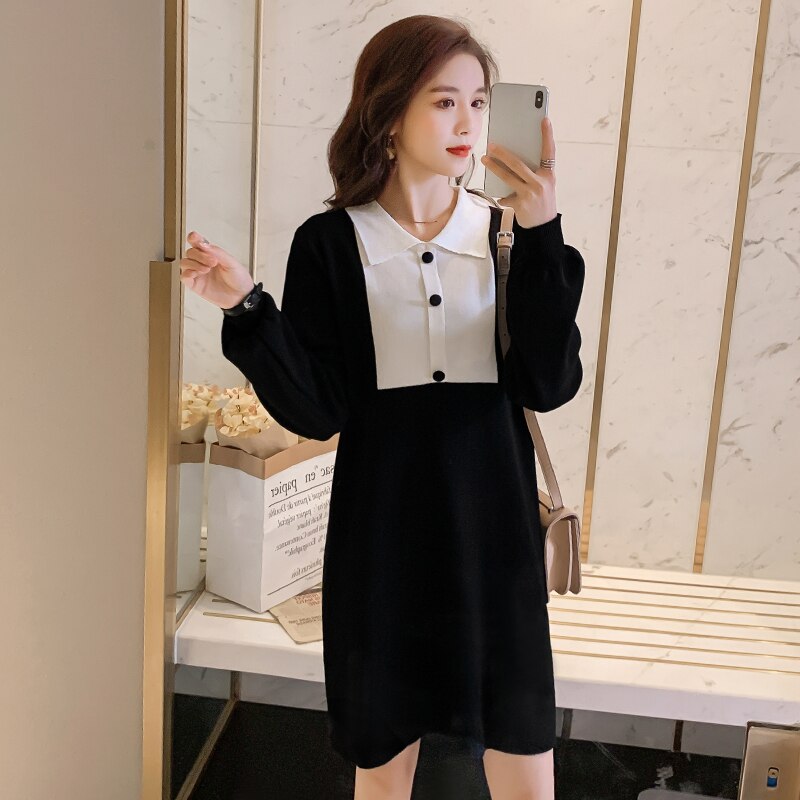 Suéter de lactancia para mujeres embarazadas, ropa de lactancia de manga larga con cuello vuelto, retales en blanco y negro, vestido de lactancia: No zip Regular / M