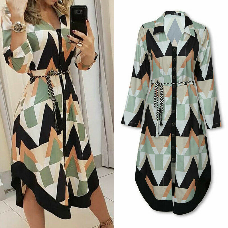 Robe chemise mi-longue à manches longues et col en v pour femme, ample, imprimée ondulée, pour les , printemps et été