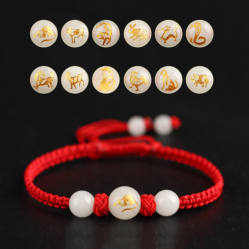 Chinese Stijl 12 Dierenriem Dieren Armband Unisex Handgemaakte Gevlochten Rode Draad Lucky Lichtgevende Steen Verstelbare Armband Paar