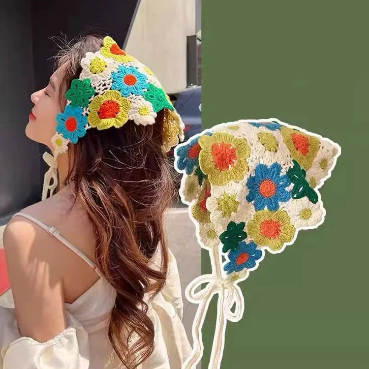 Coreano dulce lindo hecho a mano Crochet hueco triángulo diadema toalla mujeres primavera y verano viaje foto literaria bufanda para el cabello