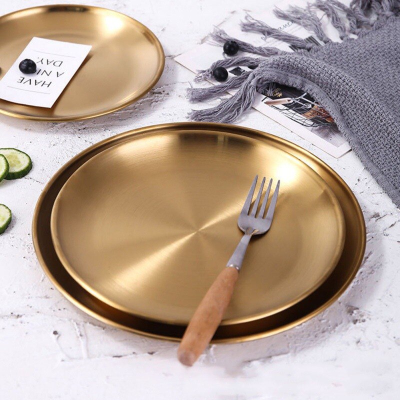 Plateau de rangement rond en métal, en acier inoxydable, pour collations, fruits, cosmétiques, bijoux, assiettes de dîner de style européen, assiette à dîner dorée