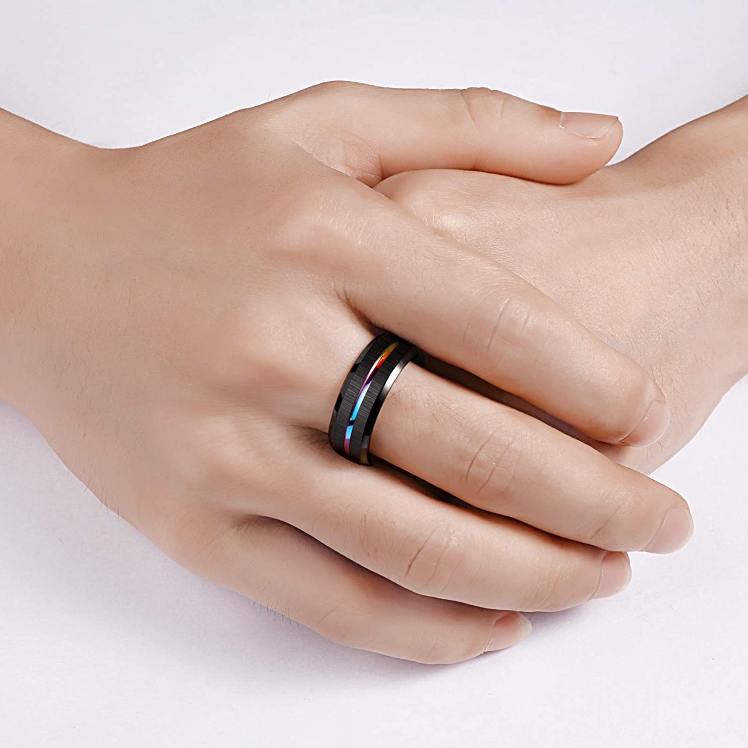 Trendy 8Mm Mannen Zwart Geborsteld Tungsten Wedding Ring Regenboog Groef Afgeschuinde Rand Rvs Engagement Ring Sieraden Voor mannen