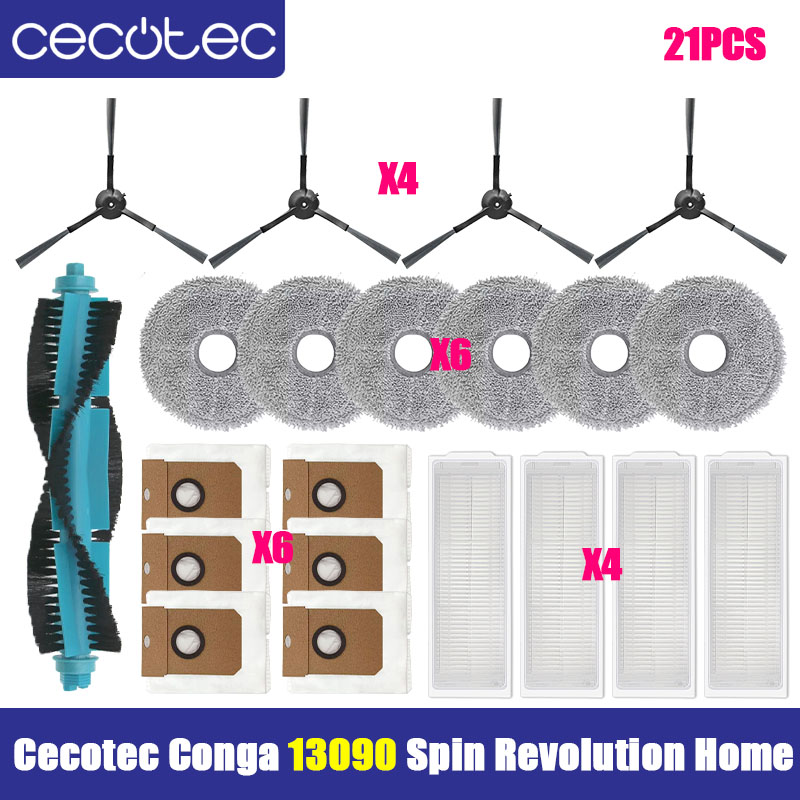 Compatible For Cecotec Conga 13090 Spin Revolution Home Spare Parts Main Side Brush HEPA Filter Mop Cloth Dust Bag Accessories: light green
