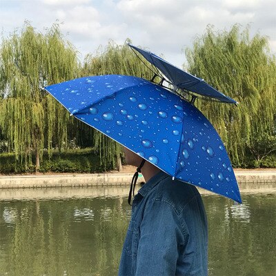 Portable Fishing Hats Double Folding Rainy Umbrella Anti-UV Rainproof Sun Protection Fishing Cap Umbrellas YS014: Blue