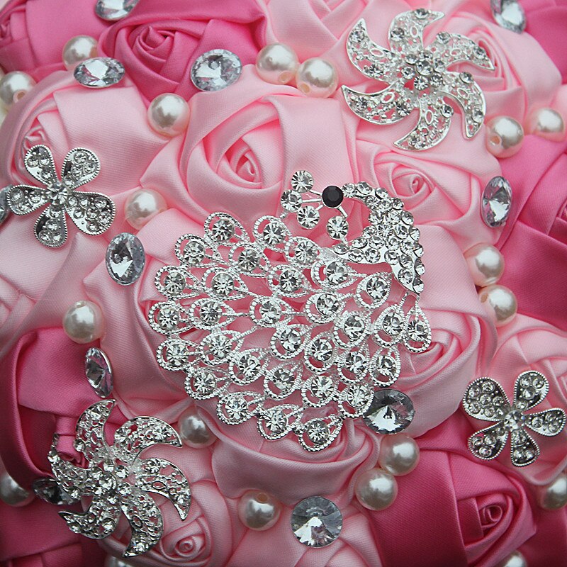 JaneVini Luxury Crystal Beaded Pink Wedding Bouquets Satin Roses Artificial Rhinestone Bridal Holding Flowers Bouquet De Marie