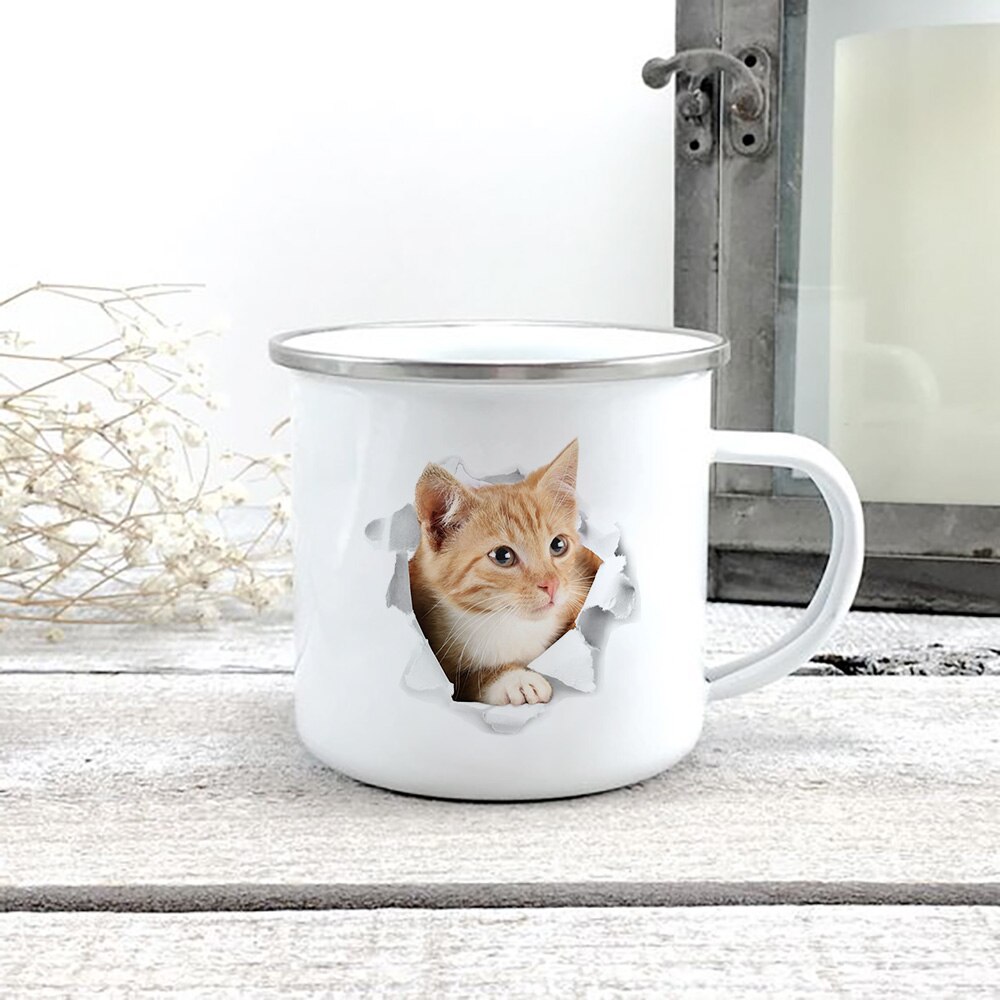 Kreative 3d Druck Katze Emaille Kaffee Tee Becher Hause Frühstück Nachtisch Milch Hafer Tassen mit Griff Wasser Becher für Liebe katze Menschen: XH2907-A015WH-8