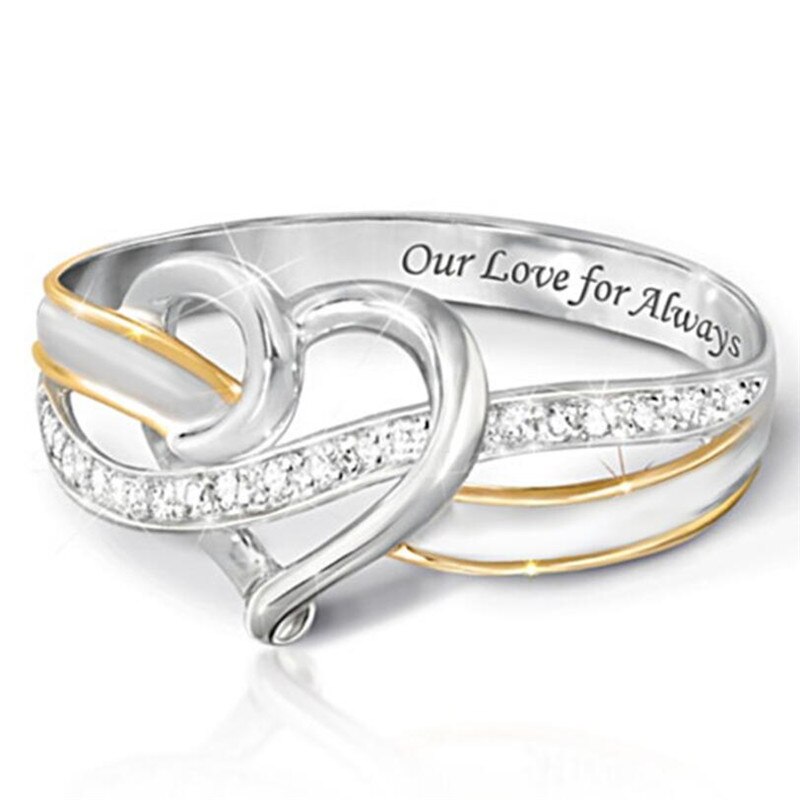 two-color love heart zircon lettering women's ring romantic Valentine's Day banquet wedding jewelry